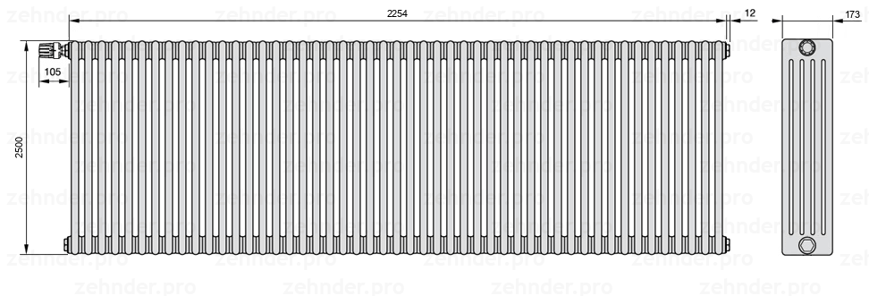 Схема (чертеж) Радиатор Zehnder Charleston 5250/49 №V012 Белый глянцевый RAL 9016